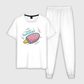 Мужская пижама хлопок с принтом Сладкое лето в Тюмени, 100% хлопок | брюки и футболка прямого кроя, без карманов, на брюках мягкая резинка на поясе и по низу штанин
 | ice cream | summer | лето | мороженка | эскимо