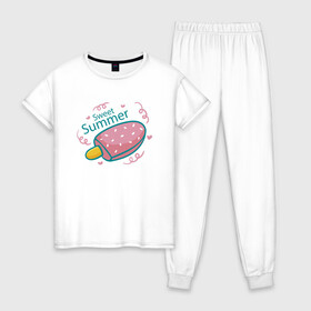 Женская пижама хлопок с принтом Сладкое лето в Тюмени, 100% хлопок | брюки и футболка прямого кроя, без карманов, на брюках мягкая резинка на поясе и по низу штанин | ice cream | summer | лето | мороженка | эскимо