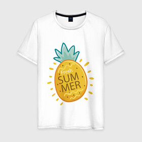 Мужская футболка хлопок с принтом Сочное лето в Тюмени, 100% хлопок | прямой крой, круглый вырез горловины, длина до линии бедер, слегка спущенное плечо. | ananas | summer | ананас | лето | фрукты