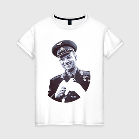 Женская футболка хлопок с принтом Юрий Гагарин и голубь в Тюмени, 100% хлопок | прямой крой, круглый вырез горловины, длина до линии бедер, слегка спущенное плечо | moon | арт | гагарин | день космонавтики | звезды | космонавт | космос | лого | луна | небо | планеты