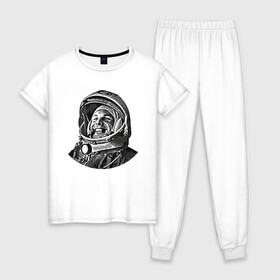 Женская пижама хлопок с принтом Поехали Ю.Г. в Тюмени, 100% хлопок | брюки и футболка прямого кроя, без карманов, на брюках мягкая резинка на поясе и по низу штанин | moon | арт | гагарин | день космонавтики | звезды | космонавт | космос | лого | луна | небо | планеты