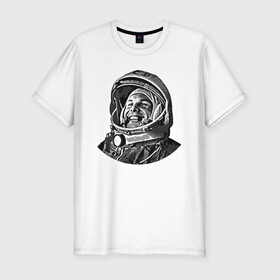Мужская футболка хлопок Slim с принтом Поехали Ю.Г. в Тюмени, 92% хлопок, 8% лайкра | приталенный силуэт, круглый вырез ворота, длина до линии бедра, короткий рукав | moon | арт | гагарин | день космонавтики | звезды | космонавт | космос | лого | луна | небо | планеты