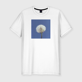 Мужская футболка хлопок Slim с принтом Одуванчик на фоне неба в Тюмени, 92% хлопок, 8% лайкра | приталенный силуэт, круглый вырез ворота, длина до линии бедра, короткий рукав | Тематика изображения на принте: весна | минимализм | небо | одуванчик | цветы