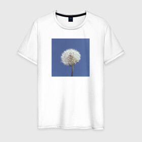 Мужская футболка хлопок с принтом Одуванчик на фоне неба в Тюмени, 100% хлопок | прямой крой, круглый вырез горловины, длина до линии бедер, слегка спущенное плечо. | Тематика изображения на принте: весна | минимализм | небо | одуванчик | цветы