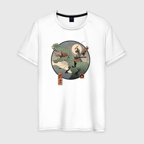 Мужская футболка хлопок с принтом Самурай на тирексе в Тюмени, 100% хлопок | прямой крой, круглый вырез горловины, длина до линии бедер, слегка спущенное плечо. | самурай аниме динозавр  тирекстиронозавр китай япония мечь  война