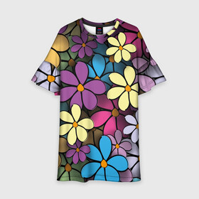 Детское платье 3D с принтом Цветочки в Тюмени, 100% полиэстер | прямой силуэт, чуть расширенный к низу. Круглая горловина, на рукавах — воланы | Тематика изображения на принте: весна | искусство | лепестки | флора | цветы
