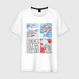 Мужская футболка хлопок с принтом Rock Star Dino Динозавр геймер в Тюмени, 100% хлопок | прямой крой, круглый вырез горловины, длина до линии бедер, слегка спущенное плечо. | dino | games | roar | rock | rock star | t rex | дино | динозавр | динозавры | рок | рокер