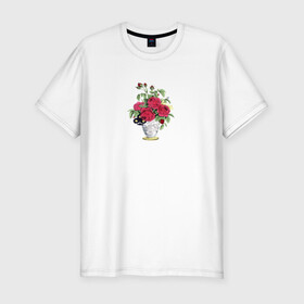 Мужская футболка хлопок Slim с принтом Розы в вазе в Тюмени, 92% хлопок, 8% лайкра | приталенный силуэт, круглый вырез ворота, длина до линии бедра, короткий рукав | ваза | растение | рисунок | розы | розы в вазе | цветы