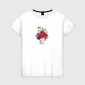 Женская футболка хлопок с принтом Розы в вазе в Тюмени, 100% хлопок | прямой крой, круглый вырез горловины, длина до линии бедер, слегка спущенное плечо | ваза | растение | рисунок | розы | розы в вазе | цветы