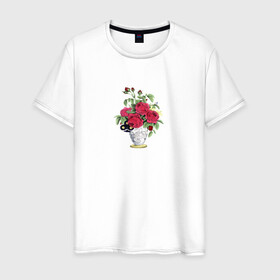 Мужская футболка хлопок с принтом Розы в вазе в Тюмени, 100% хлопок | прямой крой, круглый вырез горловины, длина до линии бедер, слегка спущенное плечо. | ваза | растение | рисунок | розы | розы в вазе | цветы