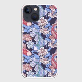 Чехол для iPhone 13 mini с принтом Карпы КОИ и цветки Лотоса в Тюмени,  |  | flowers | japan | japan koi | japanese | koi fish | lotus | pattern | большие глаза | декоративные рыбки | животные | карп | карпы | паттерн | разноцветные рыбки | рыбки | сазан | сазаны | символ жизни | узор из рыб | цветы