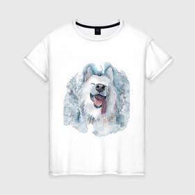 Женская футболка хлопок с принтом Самоед в Тюмени, 100% хлопок | прямой крой, круглый вырез горловины, длина до линии бедер, слегка спущенное плечо | животные | лайка | питомцы | самоед | самоедская лайка | собака | собаки