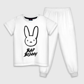 Детская пижама хлопок с принтом Bad Bunny лого в Тюмени, 100% хлопок |  брюки и футболка прямого кроя, без карманов, на брюках мягкая резинка на поясе и по низу штанин
 | bad bunny | benito antonio martnez ocasio | hip hop | latin trap | logo | music | rap | rnb | singer | star | бенито антонио мартинес окасио | звезда | латинский трэп | логотип | музыка | певец | рнб | рэп | хип хоп