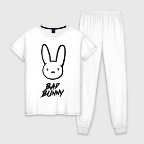 Женская пижама хлопок с принтом Bad Bunny лого в Тюмени, 100% хлопок | брюки и футболка прямого кроя, без карманов, на брюках мягкая резинка на поясе и по низу штанин | Тематика изображения на принте: bad bunny | benito antonio martnez ocasio | hip hop | latin trap | logo | music | rap | rnb | singer | star | бенито антонио мартинес окасио | звезда | латинский трэп | логотип | музыка | певец | рнб | рэп | хип хоп