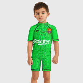 Детский купальный костюм 3D с принтом FC Barcelona | Goalkeeper 2021 22 в Тюмени, Полиэстер 85%, Спандекс 15% | застежка на молнии на спине | 0x000000123 | barca | barcelona | elclasico | la liga | messi | pre match | барса | барселона | классико | месси