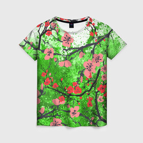 Женская футболка 3D с принтом Сакура | Sakura (Z) в Тюмени, 100% полиэфир ( синтетическое хлопкоподобное полотно) | прямой крой, круглый вырез горловины, длина до линии бедер | chery | flowers | japan | roses | sakura | вишнёвый цвет | вишня | растения | розы | ромашка | сакура | тюльпаны | хана | ханами | цветы | цветы сакуры | япония