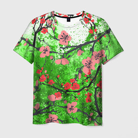 Мужская футболка 3D с принтом Сакура | Sakura (Z) в Тюмени, 100% полиэфир | прямой крой, круглый вырез горловины, длина до линии бедер | chery | flowers | japan | roses | sakura | вишнёвый цвет | вишня | растения | розы | ромашка | сакура | тюльпаны | хана | ханами | цветы | цветы сакуры | япония