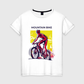 Женская футболка хлопок с принтом Mountain Bike велосипедист в Тюмени, 100% хлопок | прямой крой, круглый вырез горловины, длина до линии бедер, слегка спущенное плечо | bicycle sport | bmx | country | cross | extreme | flatland | track | байк | велокросс | велосипедный спорт | горный велосипед | кросс | кросс кантри | трайк | трек | триал | флэтлэнд | фрирайд | шоссейные велоспорт