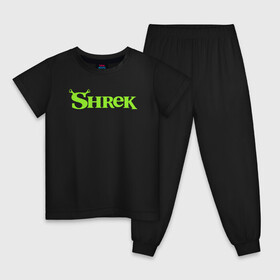 Детская пижама хлопок с принтом Shrek | Logo (Z) в Тюмени, 100% хлопок |  брюки и футболка прямого кроя, без карманов, на брюках мягкая резинка на поясе и по низу штанин
 | Тематика изображения на принте: dreamworks | logo | shrek | зелёный огр | мульт | мультфильм | приключения