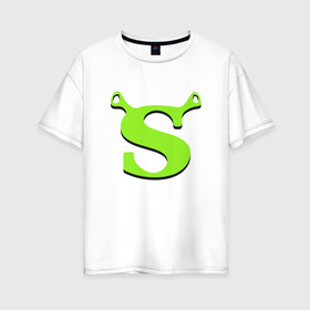 Женская футболка хлопок Oversize с принтом Shrek Logo (+спина) (Z) в Тюмени, 100% хлопок | свободный крой, круглый ворот, спущенный рукав, длина до линии бедер
 | dreamworks | shrek | зелёный огр | мульт | мультфильм | приключения