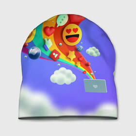 Шапка 3D с принтом Радуга Эмоджи в Тюмени, 100% полиэстер | универсальный размер, печать по всей поверхности изделия | Тематика изображения на принте: лайк | лойс | небо | облака | радуга | сердце | смайл | соцсети | эмоджи