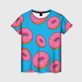 Женская футболка 3D с принтом Пончики в Тюмени, 100% полиэфир ( синтетическое хлопкоподобное полотно) | прямой крой, круглый вырез горловины, длина до линии бедер | еда | круг | кружки | пища | пончики | пончики гомера | симпсоны | цветные пончики