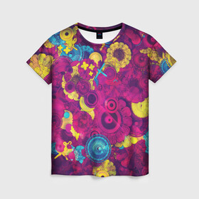 Женская футболка 3D с принтом PINK FLOW в Тюмени, 100% полиэфир ( синтетическое хлопкоподобное полотно) | прямой крой, круглый вырез горловины, длина до линии бедер | flower | pink | yellow | круги | цветы