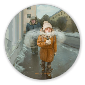 Коврик для мышки круглый с принтом Паровоз3D в Тюмени, резина и полиэстер | круглая форма, изображение наносится на всю лицевую часть | вэйп | девочка | дед | дом | екатеринбург | екб | зима | небо | пар | улица