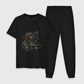 Мужская пижама хлопок с принтом Неоновый астронавт на скейте в Тюмени, 100% хлопок | брюки и футболка прямого кроя, без карманов, на брюках мягкая резинка на поясе и по низу штанин
 | art | astronaut | cosmonaut | mars | nasa | neon | neon print | planets | skateboard | space | space art | арт | борд | в космосе | доска | космический рисунок | космонавт | наса | неон | неоновые огни | неоновый принт | планеты | рисунок | 
