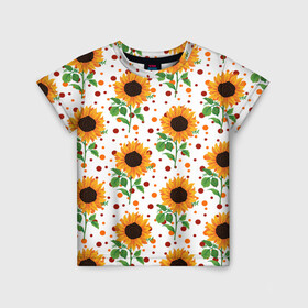 Детская футболка 3D с принтом Оранжевые летние подсолнухи в Тюмени, 100% гипоаллергенный полиэфир | прямой крой, круглый вырез горловины, длина до линии бедер, чуть спущенное плечо, ткань немного тянется | Тематика изображения на принте: flower | flowers | pattern | summer | sunflower | sunflower pattern | sunflowers | wildflowers | астра | астровые | веснушки | лето | паттерн | подсолнечник однолетний | подсолнух | полевые цветы | рисунок подсолнухов | узор