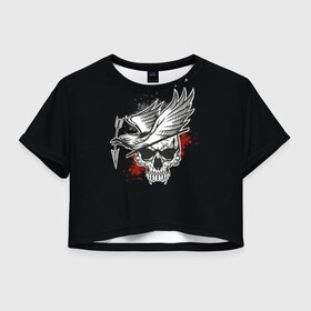 Женская футболка Crop-top 3D с принтом Череп с птицей со стрелой в Тюмени, 100% полиэстер | круглая горловина, длина футболки до линии талии, рукава с отворотами | птица | стрела | ужасы | хоррор | череп | ястреб