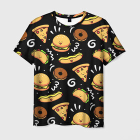 Мужская футболка 3D с принтом Фастфуд в Тюмени, 100% полиэфир | прямой крой, круглый вырез горловины, длина до линии бедер | Тематика изображения на принте: burger | cheese | donut | food | hot dog | pizza | sandwich | бургер | еда | пицца | пончик | сыр | сэндвич | фастфуд | хот дог