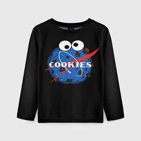 Детский лонгслив 3D с принтом Cookies в Тюмени, 100% полиэстер | длинные рукава, круглый вырез горловины, полуприлегающий силуэт
 | cookies | nasa | астронавт | астрономия | глазки | земля | космос | наса | печенье | печеньки | планета | смайл | спутник
