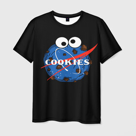 Мужская футболка 3D с принтом Cookies в Тюмени, 100% полиэфир | прямой крой, круглый вырез горловины, длина до линии бедер | cookies | nasa | астронавт | астрономия | глазки | земля | космос | наса | печенье | печеньки | планета | смайл | спутник