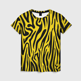 Женская футболка 3D с принтом Тигровые полоски в Тюмени, 100% полиэфир ( синтетическое хлопкоподобное полотно) | прямой крой, круглый вырез горловины, длина до линии бедер | абстракция | зоопринт | орнамент | полоски | полосы | пчелиный | тигровый