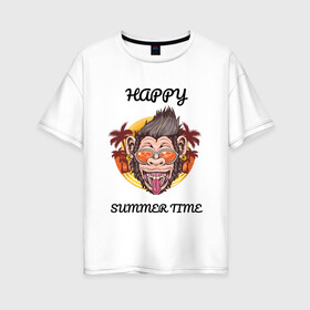 Женская футболка хлопок Oversize с принтом Счастливая обезьяна в Тюмени, 100% хлопок | свободный крой, круглый ворот, спущенный рукав, длина до линии бедер
 | лето | надпись | обезьяна | отпуск | очки | пальмы | счастье