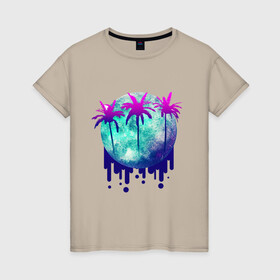 Женская футболка хлопок с принтом Неоновые острова в Тюмени, 100% хлопок | прямой крой, круглый вырез горловины, длина до линии бедер, слегка спущенное плечо | акварель | неон | неоновые пальмы | неоновый принт | пальмы | фиолетовый | футуризм