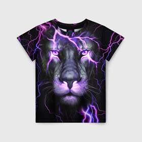 Детская футболка 3D с принтом НЕОНОВЫЙ ЛЕВ  NEON LION в Тюмени, 100% гипоаллергенный полиэфир | прямой крой, круглый вырез горловины, длина до линии бедер, чуть спущенное плечо, ткань немного тянется | lion | neon | голова | гроза | дикая кошка | животные | кот | кошка | лев | молния | неон | тигр | хищник