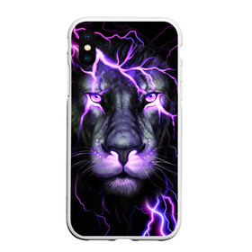 Чехол для iPhone XS Max матовый с принтом НЕОНОВЫЙ ЛЕВ  NEON LION в Тюмени, Силикон | Область печати: задняя сторона чехла, без боковых панелей | lion | neon | голова | гроза | дикая кошка | животные | кот | кошка | лев | молния | неон | тигр | хищник