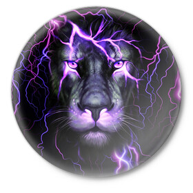 Значок с принтом НЕОНОВЫЙ ЛЕВ  NEON LION в Тюмени,  металл | круглая форма, металлическая застежка в виде булавки | lion | neon | голова | гроза | дикая кошка | животные | кот | кошка | лев | молния | неон | тигр | хищник