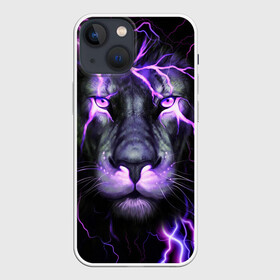 Чехол для iPhone 13 mini с принтом НЕОНОВЫЙ ЛЕВ  NEON LION в Тюмени,  |  | lion | neon | голова | гроза | дикая кошка | животные | кот | кошка | лев | молния | неон | тигр | хищник