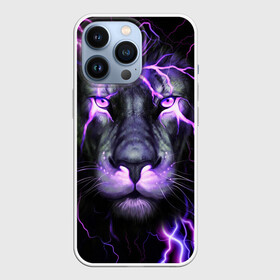 Чехол для iPhone 13 Pro с принтом НЕОНОВЫЙ ЛЕВ  NEON LION в Тюмени,  |  | lion | neon | голова | гроза | дикая кошка | животные | кот | кошка | лев | молния | неон | тигр | хищник