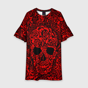 Детское платье 3D с принтом ЦВЕТОЧНЫЙ ЧЕРЕП в Тюмени, 100% полиэстер | прямой силуэт, чуть расширенный к низу. Круглая горловина, на рукавах — воланы | Тематика изображения на принте: death | flowers | horror | metal | red | rose | roses | skull | арт | зомби | кости | красный | розы | скелет | цветы | череп | черный