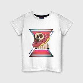 Детская футболка хлопок с принтом Щенок и пончик в Тюмени, 100% хлопок | круглый вырез горловины, полуприлегающий силуэт, длина до линии бедер | абстракция | еда | животные | мопс | пончик | пончики | щенок