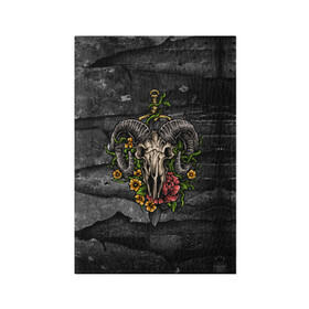 Обложка для паспорта матовая кожа с принтом Череп барана в цветах в Тюмени, натуральная матовая кожа | размер 19,3 х 13,7 см; прозрачные пластиковые крепления | баран | меч | страшно | ужасы | хоррор | цветы | череп