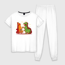 Женская пижама хлопок с принтом Пицца против Годзиллы в Тюмени, 100% хлопок | брюки и футболка прямого кроя, без карманов, на брюках мягкая резинка на поясе и по низу штанин | Тематика изображения на принте: арт | годзилла | графика | динозавр | пицца