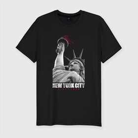 Мужская футболка хлопок Slim с принтом Statue Of Liberty в Тюмени, 92% хлопок, 8% лайкра | приталенный силуэт, круглый вырез ворота, длина до линии бедра, короткий рукав | америка | география | города | нью йорк | статуя свободы | страны | сша | туристам