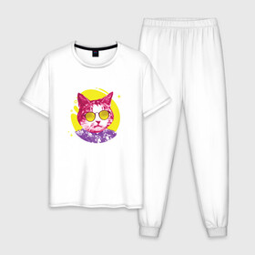 Мужская пижама хлопок с принтом Кот Тусовщик в солнечных очках в Тюмени, 100% хлопок | брюки и футболка прямого кроя, без карманов, на брюках мягкая резинка на поясе и по низу штанин
 | cat | cats | chill | cool cat | kitten | leto | party | puss | pussy | pussycat | summer | vacation | киски | кисы | кот в гавайской рубашке | котёнок | котики | котята | котятки | кошечки | кошка | лето | отдых | отпуск | пати |
