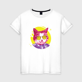 Женская футболка хлопок с принтом Кот Тусовщик в солнечных очках в Тюмени, 100% хлопок | прямой крой, круглый вырез горловины, длина до линии бедер, слегка спущенное плечо | cat | cats | chill | cool cat | kitten | leto | party | puss | pussy | pussycat | summer | vacation | киски | кисы | кот в гавайской рубашке | котёнок | котики | котята | котятки | кошечки | кошка | лето | отдых | отпуск | пати |