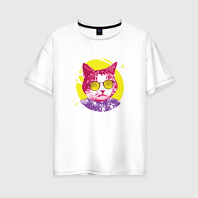 Женская футболка хлопок Oversize с принтом Кот Тусовщик в солнечных очках в Тюмени, 100% хлопок | свободный крой, круглый ворот, спущенный рукав, длина до линии бедер
 | cat | cats | chill | cool cat | kitten | leto | party | puss | pussy | pussycat | summer | vacation | киски | кисы | кот в гавайской рубашке | котёнок | котики | котята | котятки | кошечки | кошка | лето | отдых | отпуск | пати |